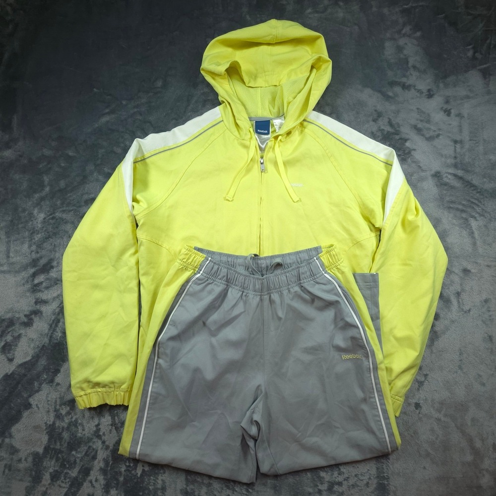 Reebok Tracksuit Neon Yellow Grey Hooded Windbreaker Jacket S Pants XS Set